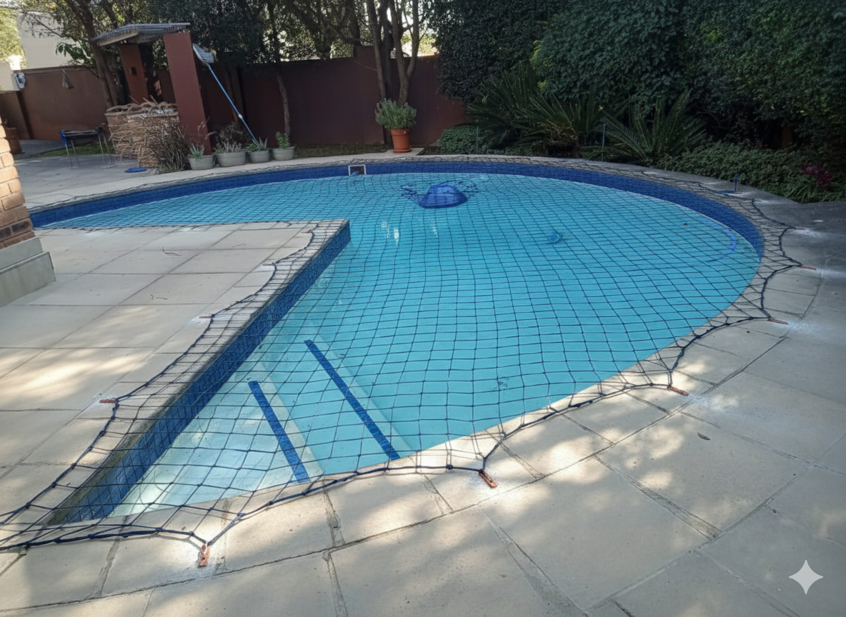 Pool safety net installed over a pool