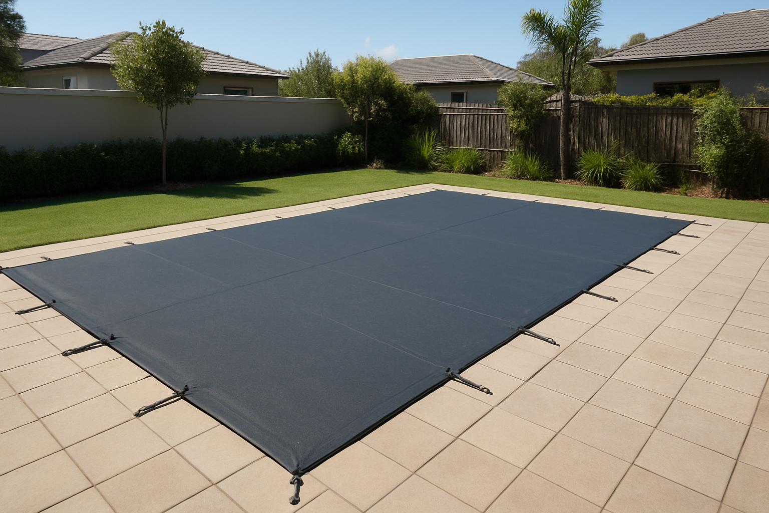 PVC hook-on cover installed over a pool